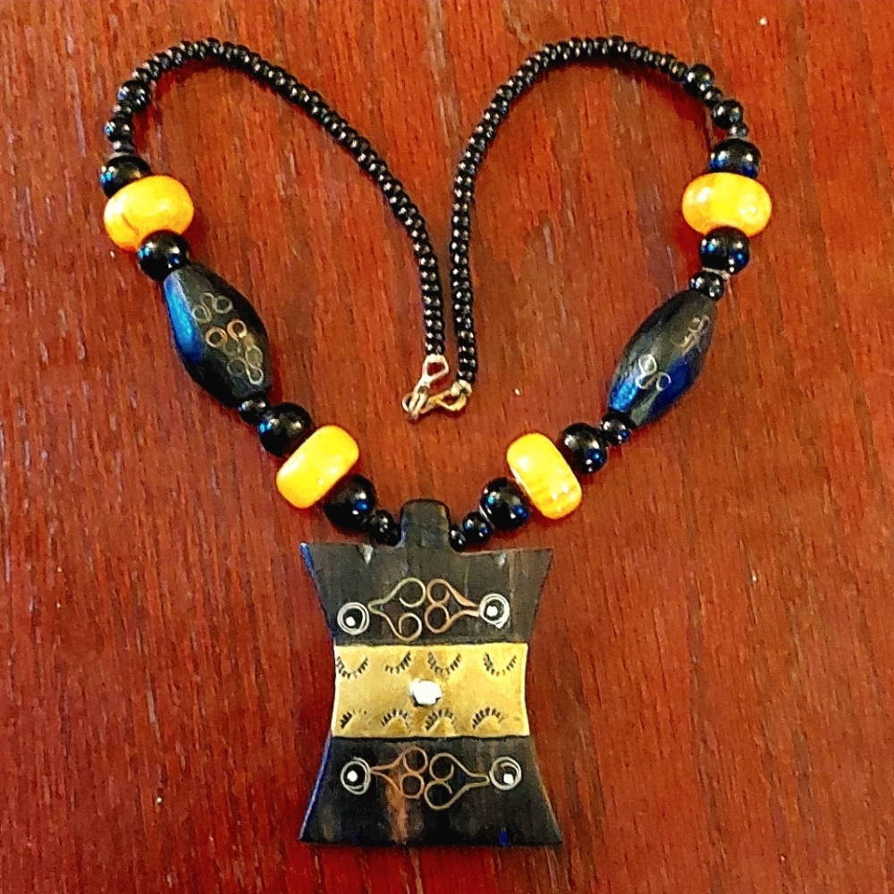 Ebony & brass amulet with glass bead necklace, origin Burkina Faso
